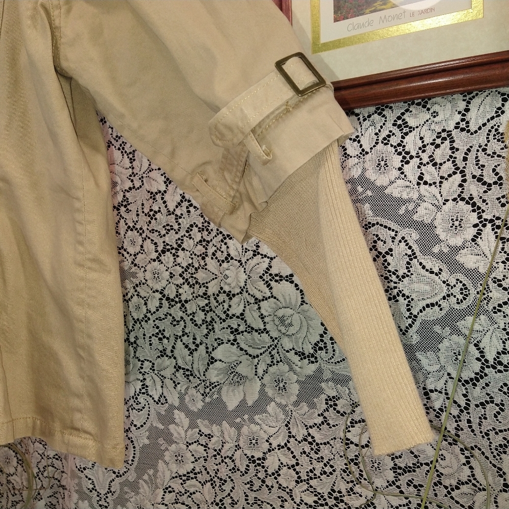 Motto tan / beige trench length jacket sweater sleeves buckle cuffs large button - Picture 2 of 6